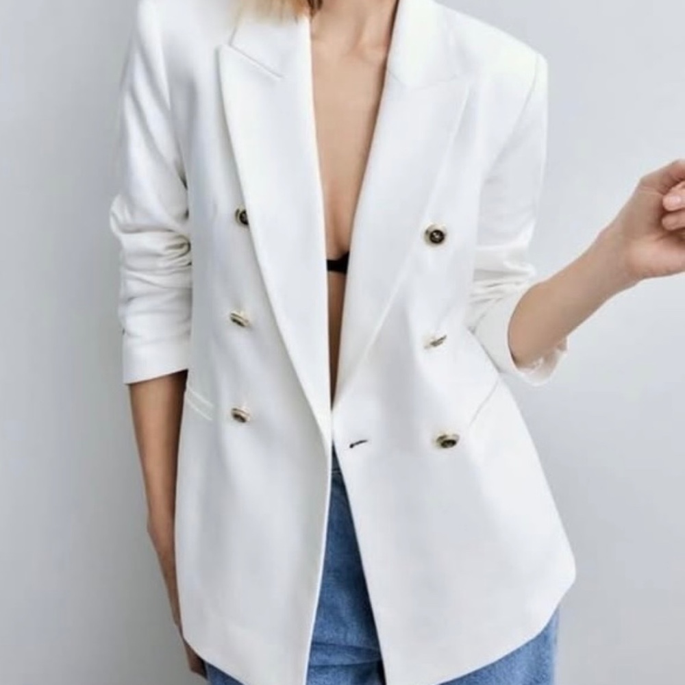 Zara Pique Double-Breasted Blazer with Black and Gold Buttons Medium